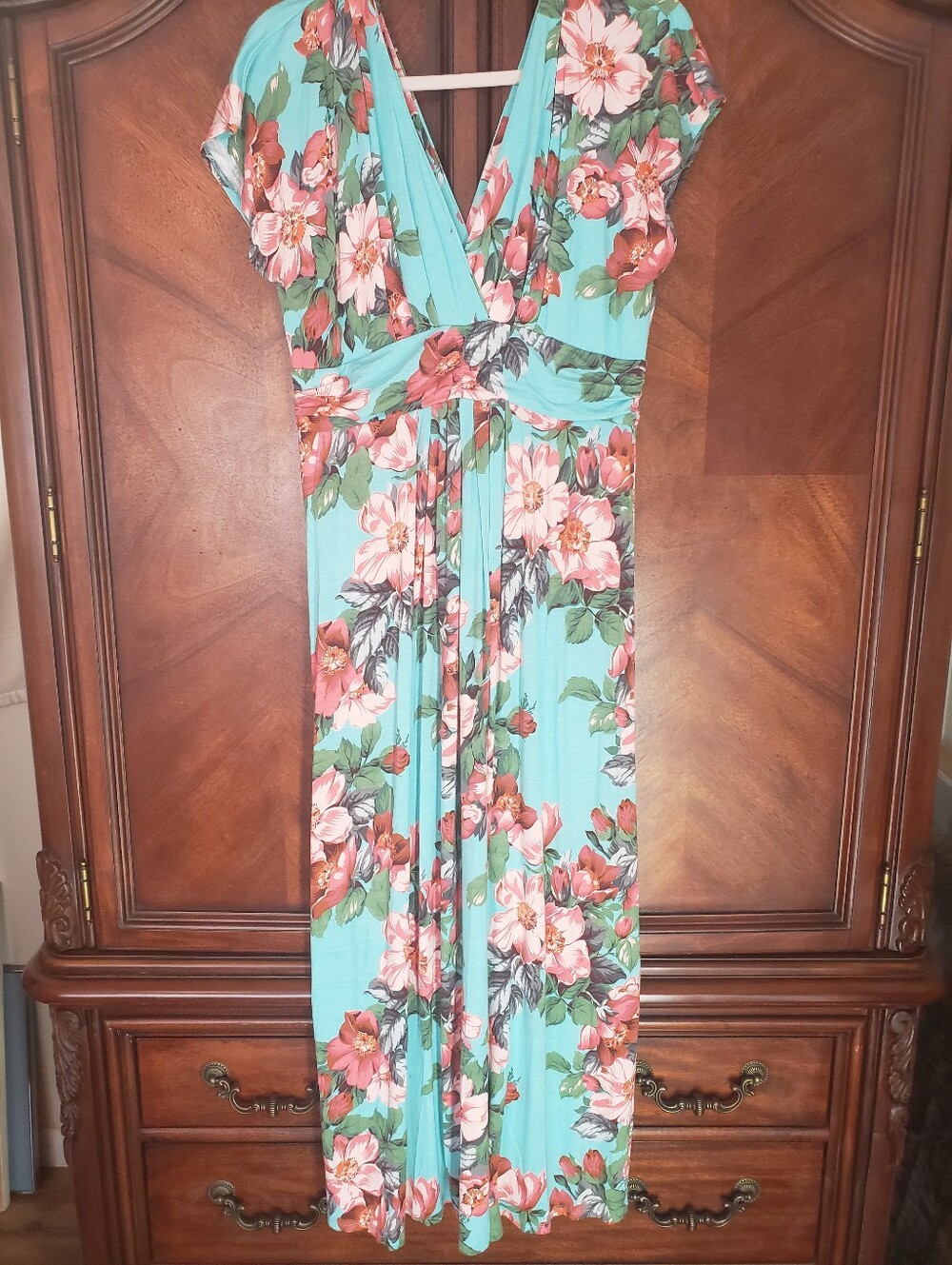 IMAN Aqua Floral Maxi Dress with Pink & Green Bloom